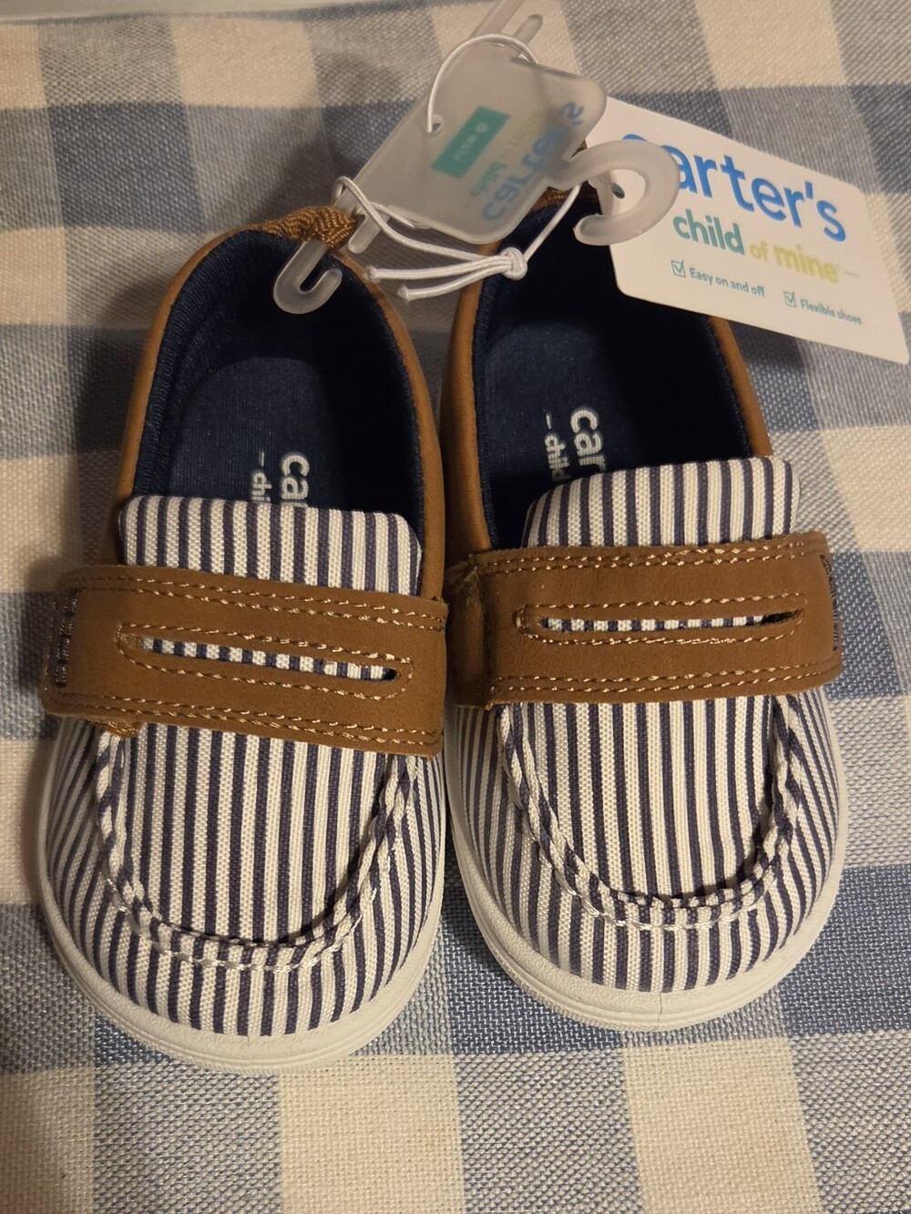 Carter's Navy & White With Brown Striped Kids Slip-On, Size 6 Toddlers
